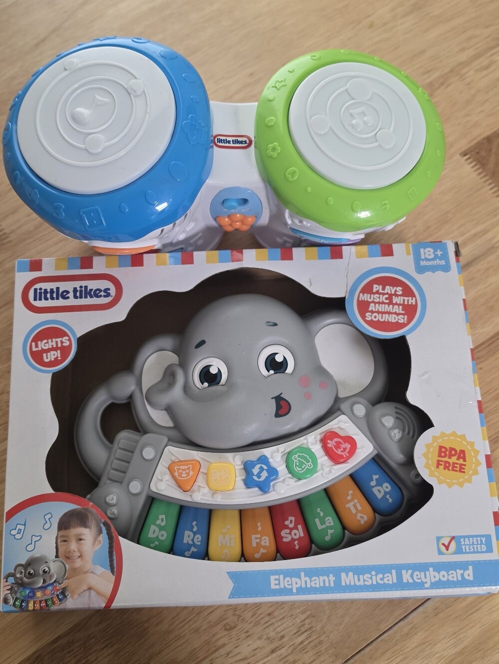 Little Tikes Toy Combo. Elephant Musical Keyboard AND Musical Bongo Drums